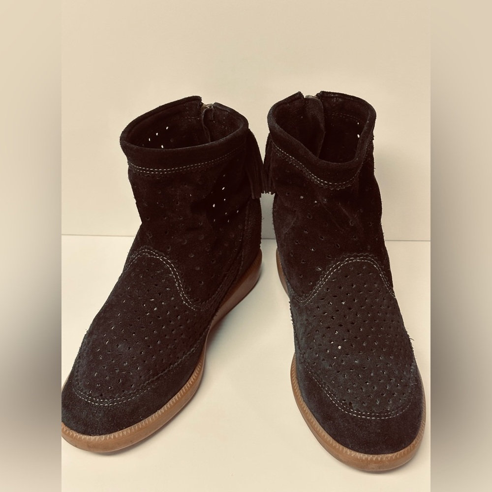 Isabel Marant Black Suede laser cut wedge bootie 37